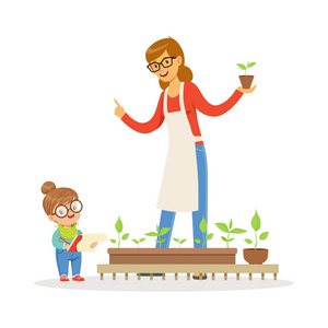 可爱的小女孩,帮助她的老师,要爱护花草在植物学课在幼儿园卡通矢量图