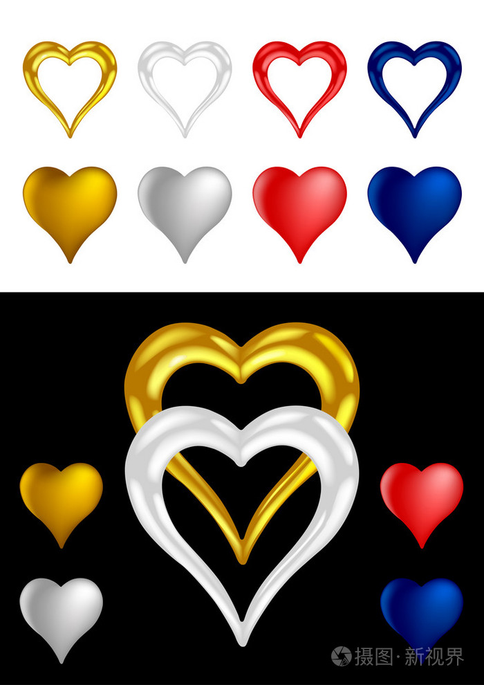 不同的彩色金属心脏形状矢量插图