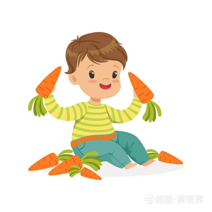 可爱的小男孩,坐在和玩弄胡萝卜,孩子健康食品概念炫彩矢量图