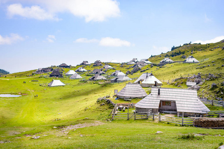 在阿尔卑斯山，流行徒步旅行目的地的传统风格的木结构房屋的韦利卡山高原，斯洛文尼亚，山村里