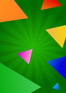 与彩色三角形对象的绿色背景。矢量图