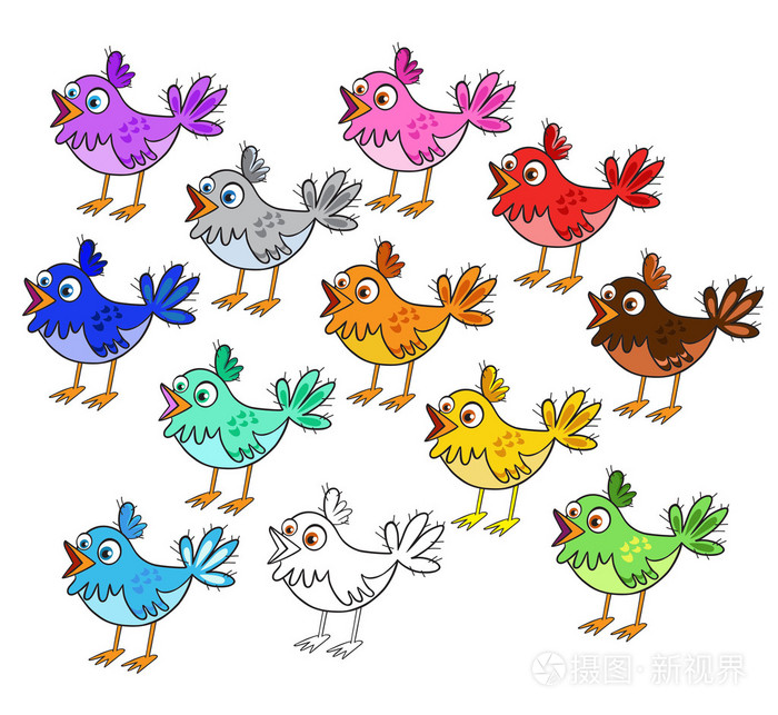 插画 收藏装饰彩虹鸟.向量集的彩色卡通鸟.eps