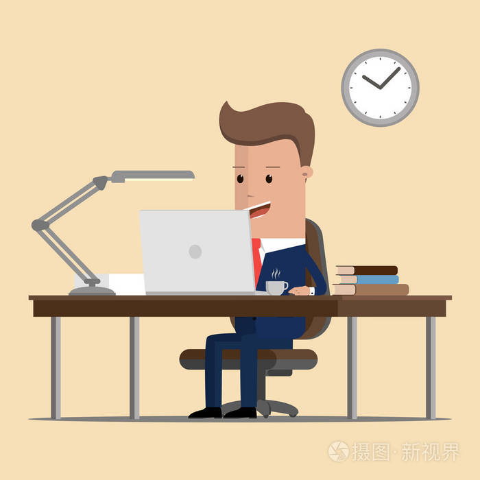 商人在他办公桌的笔记本电脑上工作.经营理念.矢量图