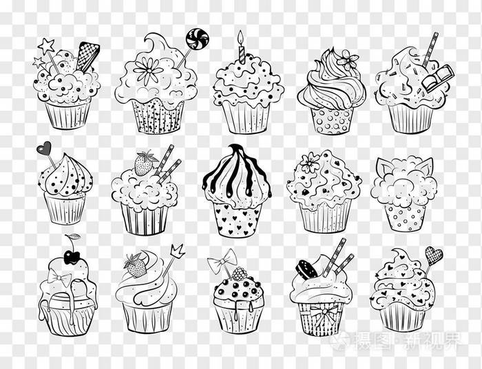 组的涂鸦素描纸杯蛋糕插画-正版商用图片0v9yds-摄图新视界