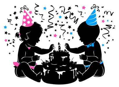 剪影的男孩女孩双胞胎与蜡烛的生日蛋糕