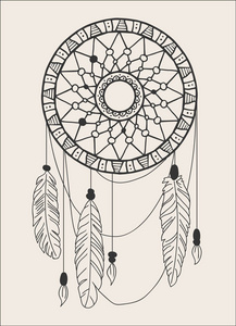 美国的印第安人护身符。捕梦网与羽毛和珠白色背景上