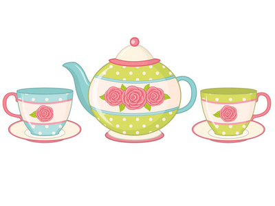 矢量茶壶和茶杯和茶碟