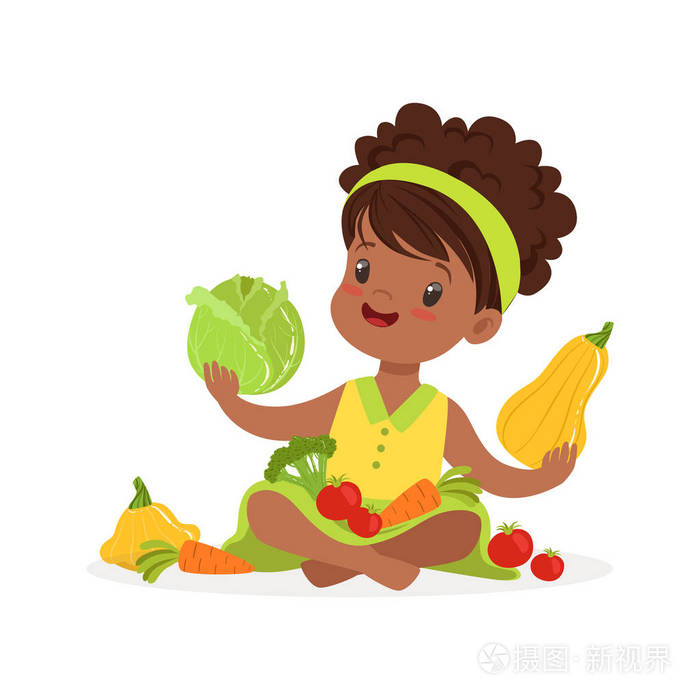 可爱的小女孩坐在地板上玩蔬菜,孩子健康食品概念炫彩矢量图