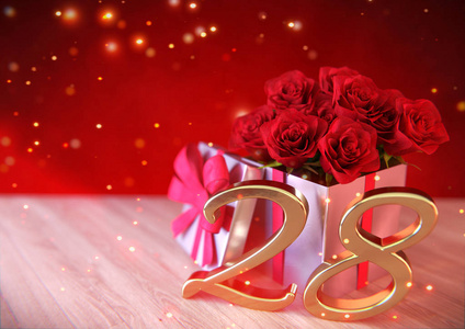 生日概念与红色玫瑰在木桌上的礼物。第二十八。28.3d 渲染