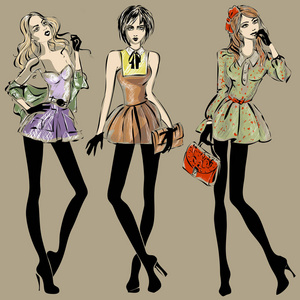 集时尚女性模特素描风格手绘制的矢量