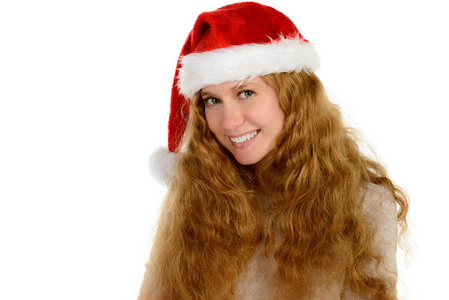 年轻漂亮的女人，在圣诞老人的帽子 rad 头发