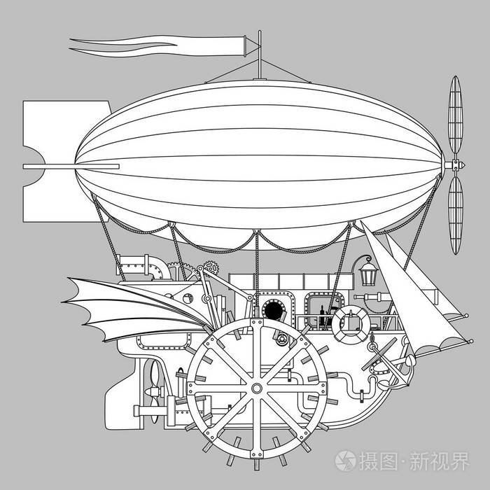 蒸汽朋克飞艇线稿图片