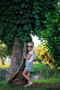 可爱的小女孩在度假在夏天的晚上，在一棵大树的太阳镜