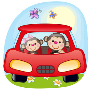 两只猴子在一辆车
