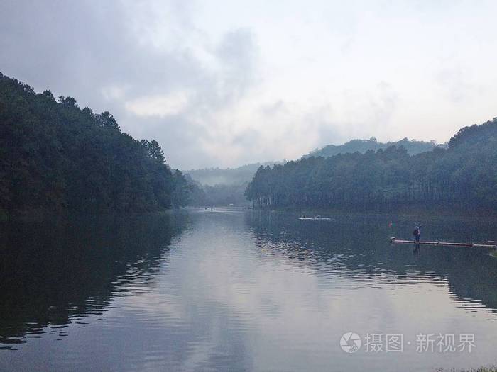 湖泊和山中的树