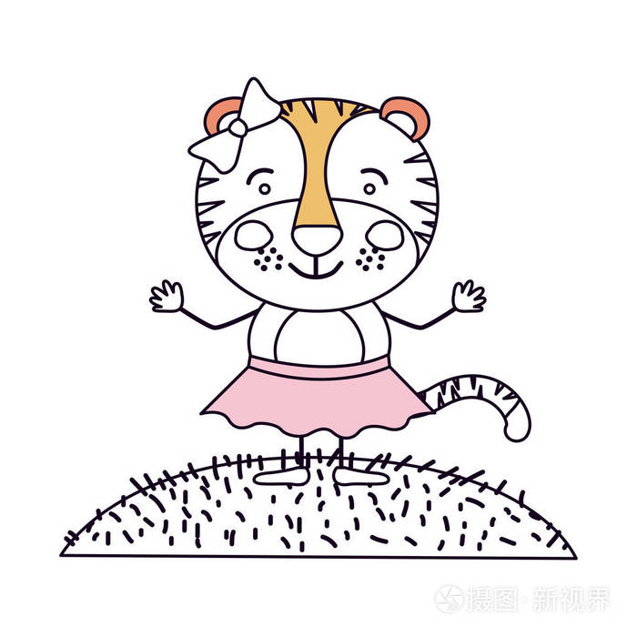 轮廓颜色部分场景天空景观和草裙带蝴蝶结花边漫画可爱的表情母老虎