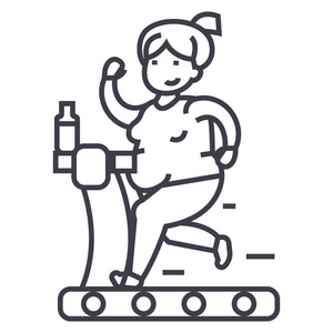 运行在健身房矢量线图标, 标志, 插图背景,可编辑笔触的胖女人照片