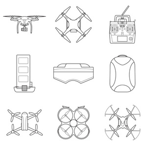一套简单的 mdrones 线艺术图标和白色背景上的附件照片