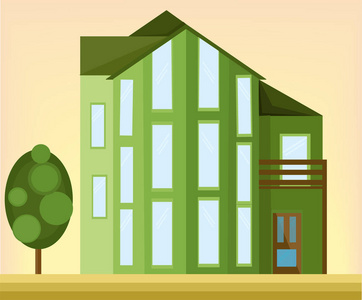 绿房子现代建筑立面。矢量图