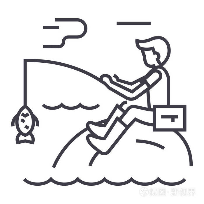 钓鱼杆矢量线图标, 标志, 插图背景,可编辑笔划的男人插画-正版商用