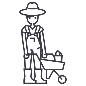 独轮手推车矢量线图标 标志 插图背景，可编辑笔触的园丁人