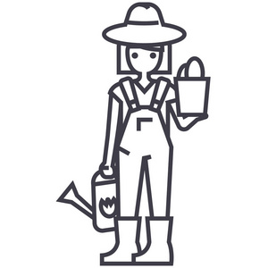 园丁女人与植物和喷壶矢量线图标, 标志, 插图背景,可编辑笔触照片