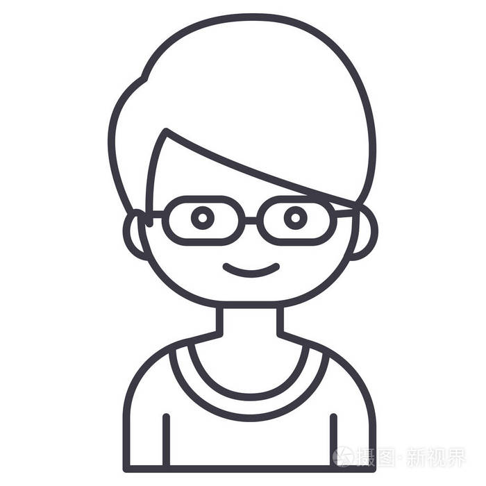极客男孩与眼镜矢量线图标, 标志, 插图背景,可编辑笔触插画-正版商用