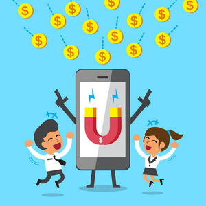 卡通智能手机使用磁铁图标吸引钱硬币照片