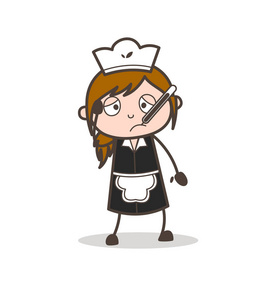 住院漫画生病了女性仆人与体温计在嘴矢量图照片