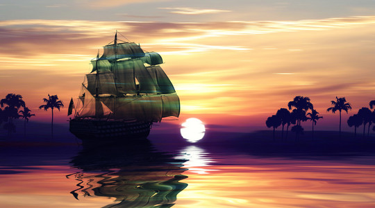 日出时的帆船剪影图片