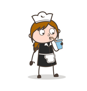 卡通渴的婢女饮酒小食矢量图照片