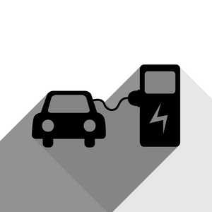 电动汽车电池充电标志。矢量。有两个扁平的灰色阴影，白色背景上的黑色图标