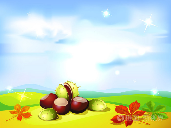 秋天风景背景与栗子矢量图