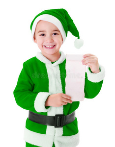 小绿色圣诞老人男孩展示心愿单