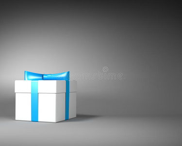 白色礼品盒，蓝色丝带和灰色背景的蝴蝶结