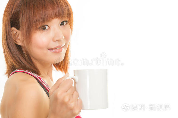 亚洲女咖啡杯