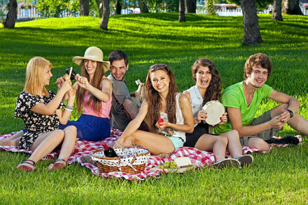 大学生在公园里享受野餐