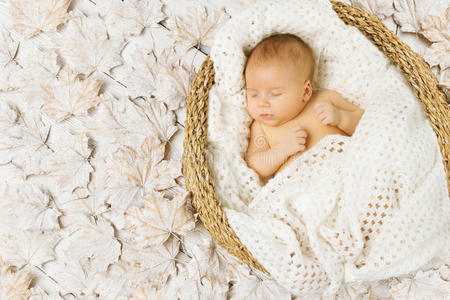 婴儿睡在白叶子上的艺术篮子里图片