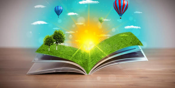 打开一本书，绿色的自然世界从它的页面出来