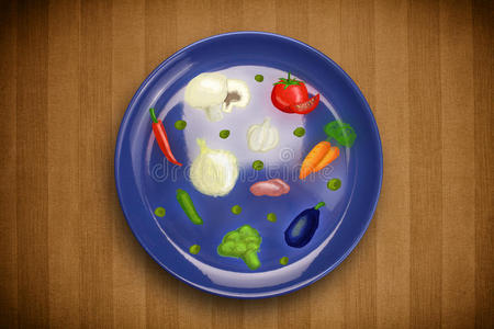有手绘图标符号蔬菜和水果的彩色盘子