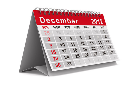 2012 年日历。12 月。孤立的 3d 图像