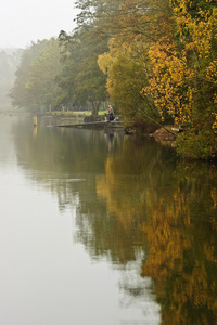 美丽的秋天秋季湖与雾散