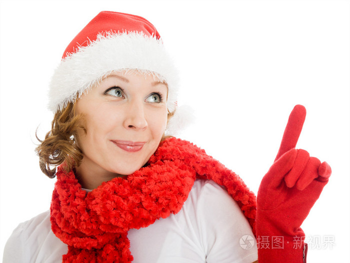 快乐的圣诞节女人点的一根手指向上白色背景