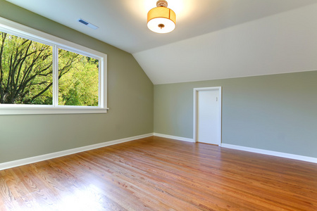绿色新鲜空房间与视图的树木和橡木地板