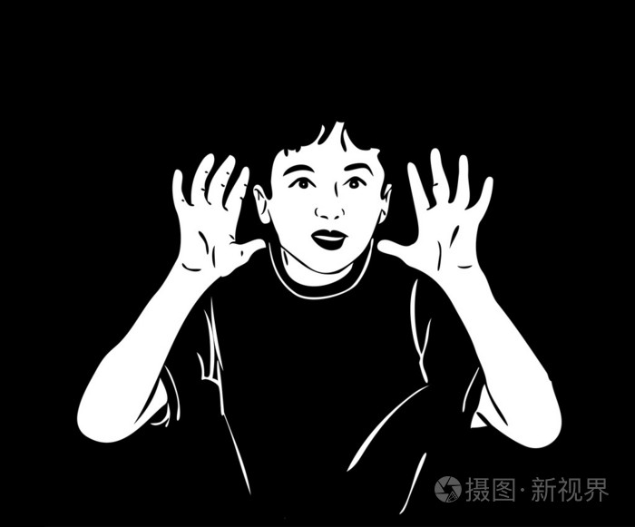 男孩在黑暗中提出了他的手和大喊