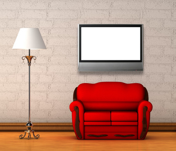 红色沙发与标准灯和液晶电视的极简主义室内