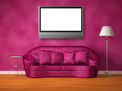 紫色沙发与表和标准灯带液晶电视在紫色内政
