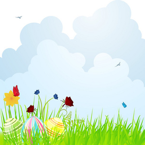 复活节彩蛋和春天花背景