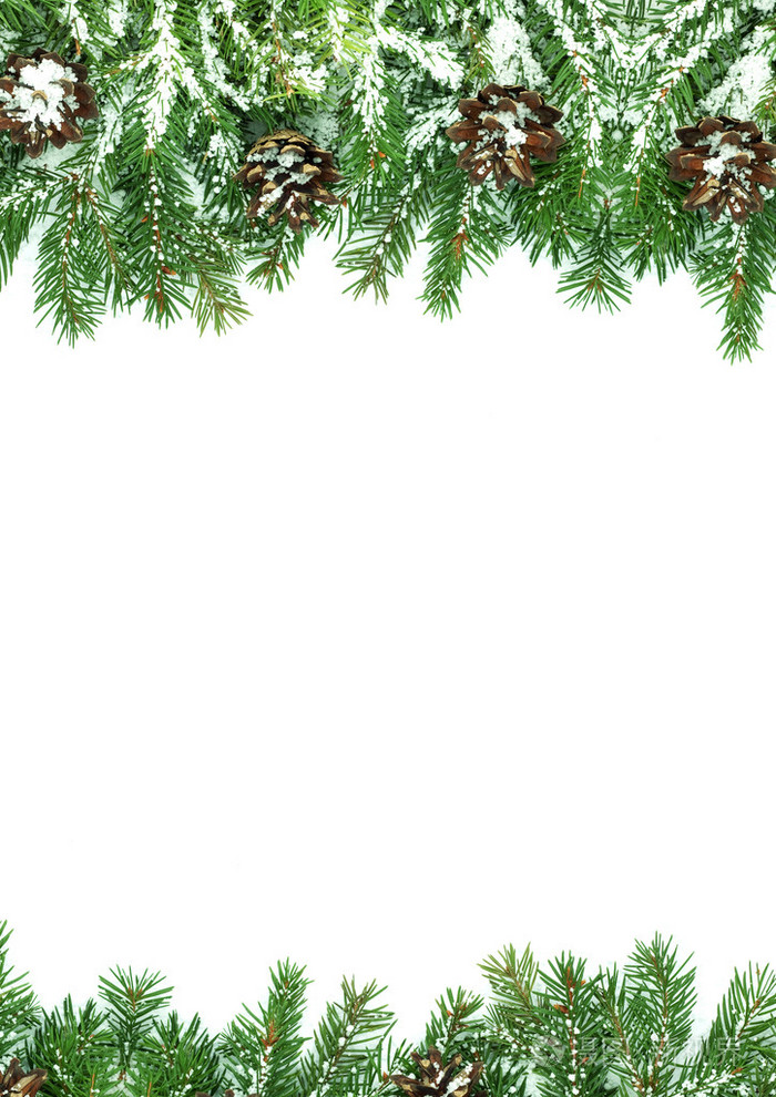 圣诞框架与孤立在白色背景上的雪