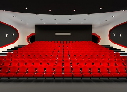 在电影院的观众厅电影院红色座椅的角度来看
